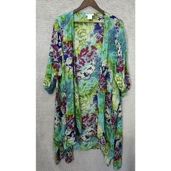 Ulla Popken one Size blue Floral Bright Flowy Oversized Kimono Cover Up Cardigan - Picture 1 of 7